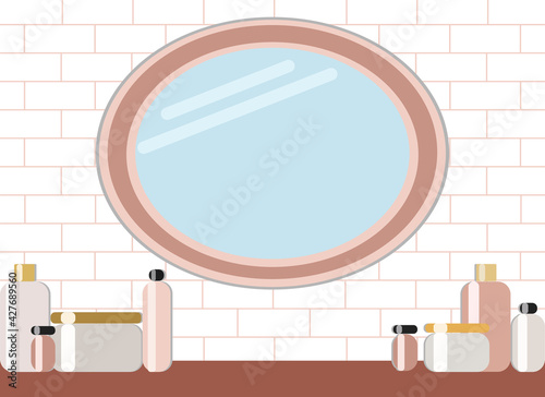 Bathroom interior with mirror and table with cosmetics