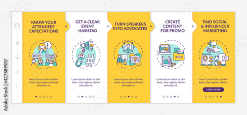 Remote event marketing onboarding vector template. Responsive mobile website with icons. Web page walkthrough 5 step screens. Expectations, turn into advocates color concept with linear illustrations