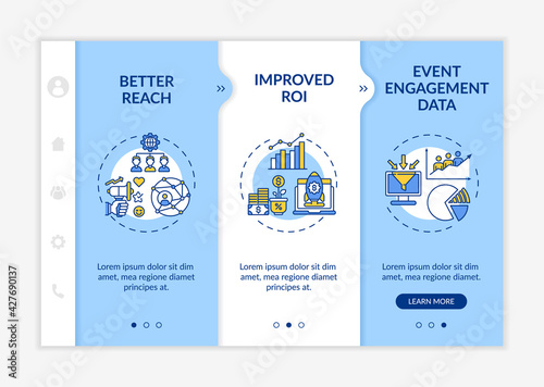 Hybrid session benefits onboarding vector template. Responsive mobile website with icons. Web page walkthrough 3 step screens. Better reach, engagement data color concept with linear illustrations