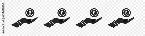 Currency icons. World money symbols. Finansial vector icons. Coin on hands. Vector illustration