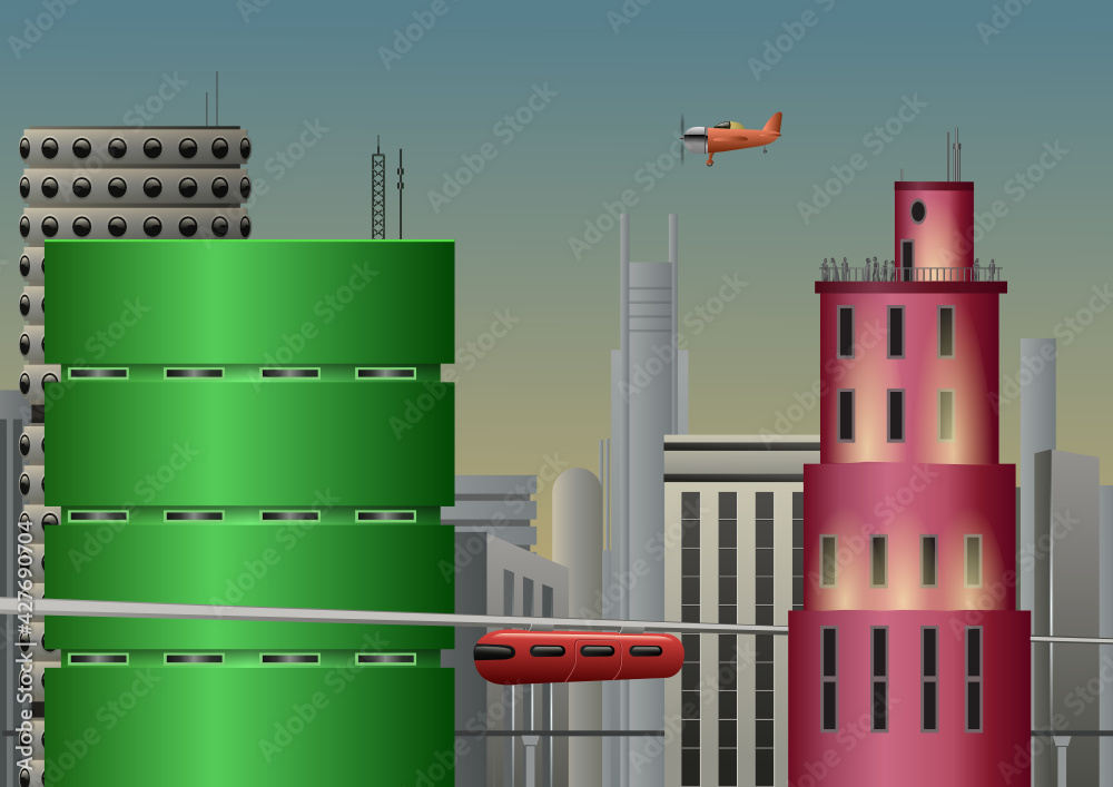 A retro futuristic city landscape with a monorail and a plane. Vector illustration