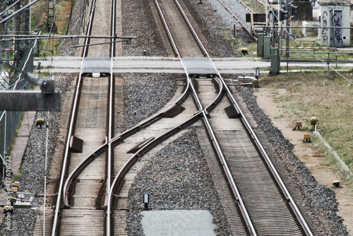 Schienen, Weiche und Bahnübergang photo