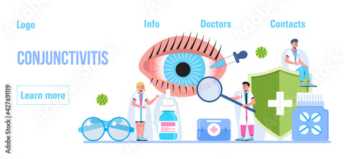 Conjunctivitis concept vector.Eye doctor concept for health care banner. Glaucoma treatment concept vector. Medical ophthalmologist eyesight check up with tiny people. Myopia, farsightedness