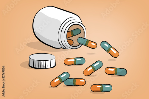 Handful of medicines in capsules, packaged in a jar, white bottle, scattered on the table. Vector illustration, cartoon style