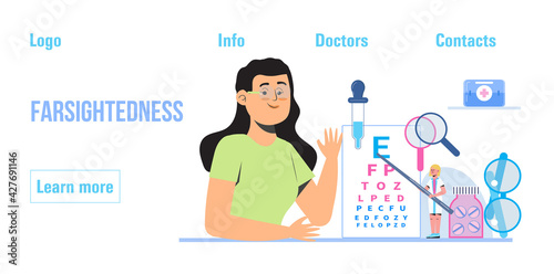 Conjunctivitis concept vector.Eye doctor concept for health care banner. Glaucoma treatment concept vector. Medical ophthalmologist eyesight check up with tiny people. Myopia, farsightedness