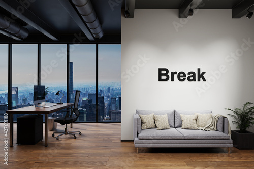 modern luxury loft with skyline view and vintage couch, wall with break lettering timeout relax concept, 3D Illustration