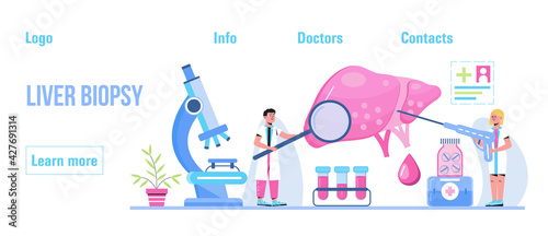 Liver biopsy concept vector for medical website, landing page. Concept of hepatitis A, B, C, D, cirrhosis, world hepatitis day. Tiny doctorsthe liver.