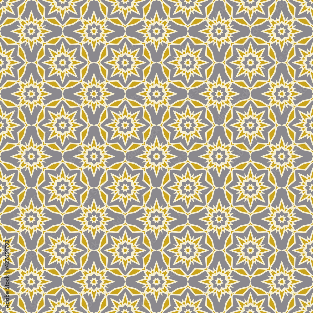 Royal star pattern, seamless fabric print in gray gold colors.
