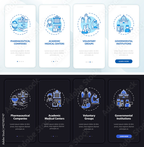 Study charity onboarding mobile app page screen with concepts. Med center, government walkthrough 4 steps graphic instructions. UI, UX, GUI vector template with linear night and day mode illustrations