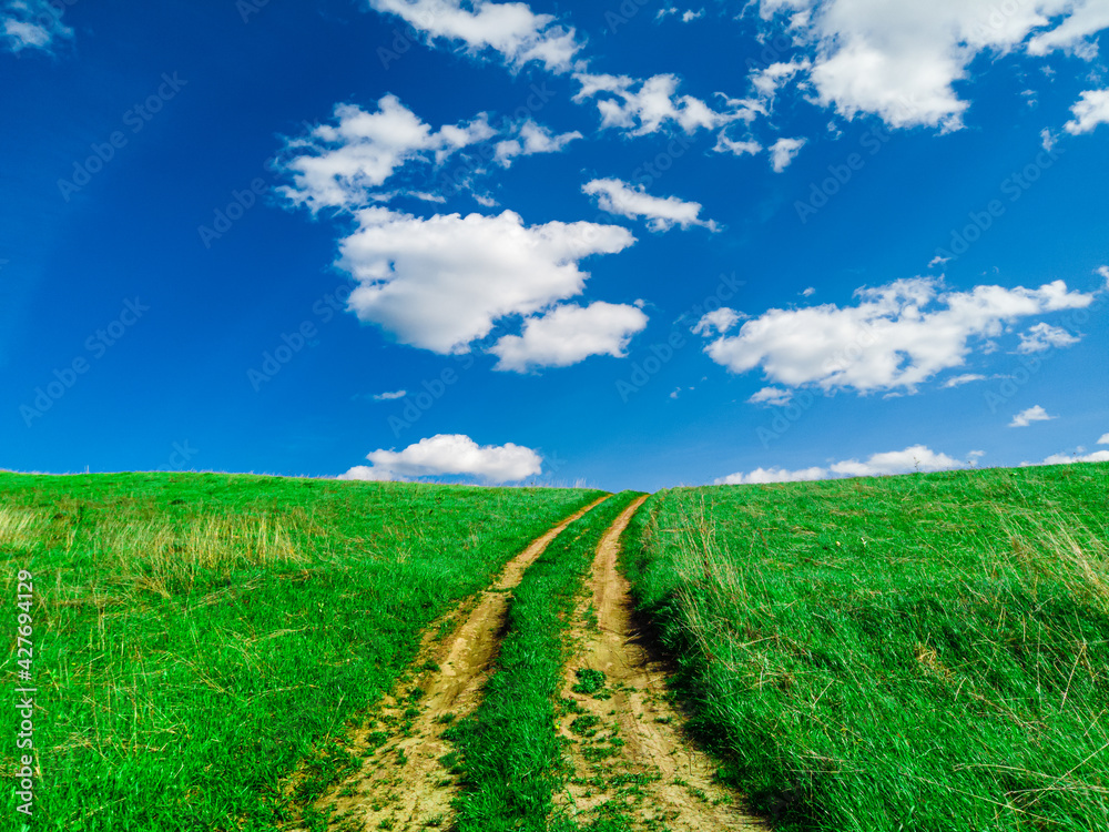 Road in green field and blue sky with clouds
