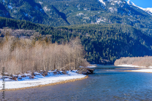 Landscape with winter river and mountains in Vancouver  Canada.