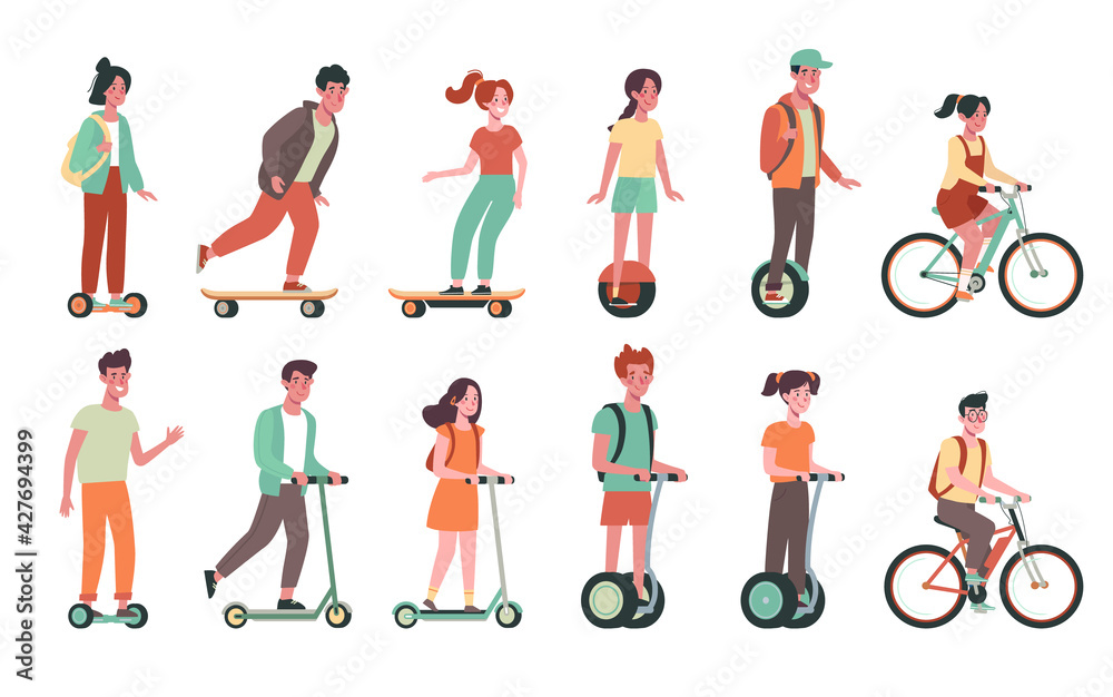 Children ride bicycles, skateboards, scooters, gyroboards. Flat vector set with childs on electric transport..Kids, boys and girls ride. Colorful illustration on cartoon style.