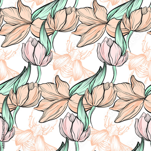 beautiful seamless pattern with hand-drawn flowers and insect rhinoceros beetle. Summer motives in a watercolor theme. Ideal for banners  flyers  backgrounds  prints  invitations  fabrics. EPS10