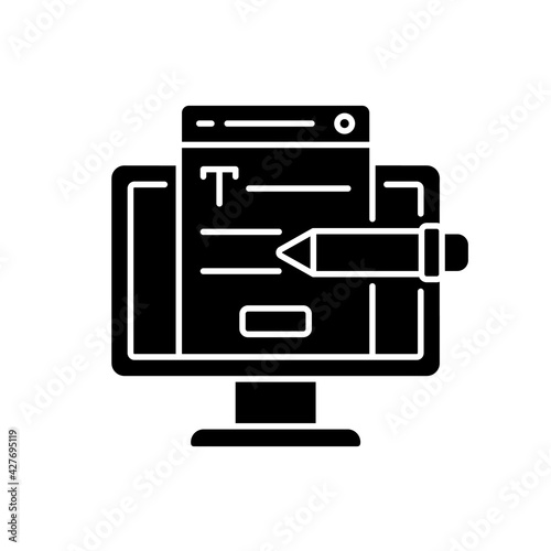 Website content black glyph icon. Online platform. Copywriting services. Search optimization. Writing commercial text for website. Silhouette symbol on white space. Vector isolated illustration