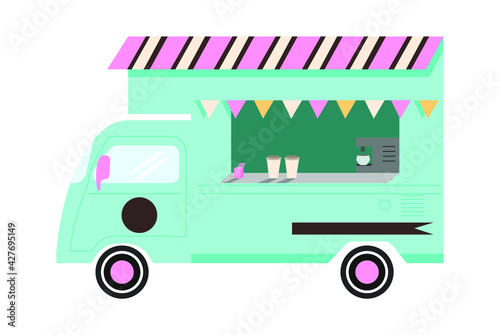 a blue food truck with an open display case and a striped awning above the bar. isolated vector image.