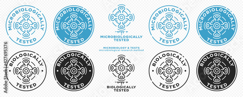 Concept for product packaging. Marking - microbiologically and biologically protected. A micromolecule in motion - as a symbol of microbiological research over a micromolecule. Vector elements.