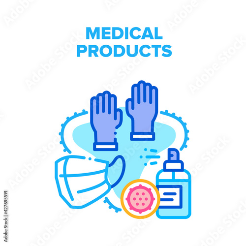 Medical Products Vector Icon Concept. Facial Mask And Protective Medical Gloves, Sanitizer Spray For Killing Viruses And Protect Medical Products. Healthcare Accessories Color Illustration