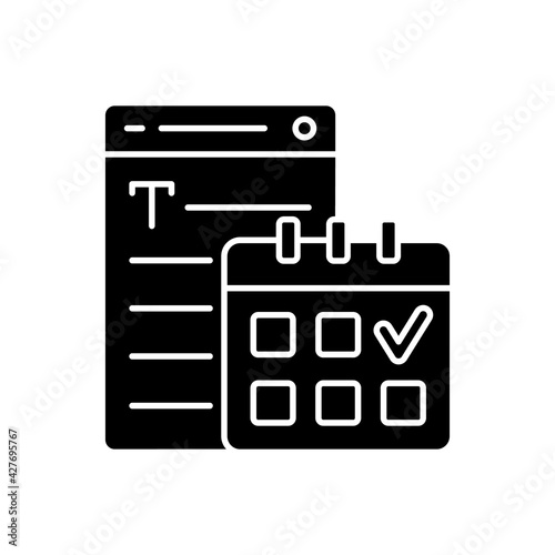 Meeting deadlines black glyph icon. Time management. Task marked on calendar. Copywriting services. Professional journalist. Silhouette symbol on white space. Vector isolated illustration