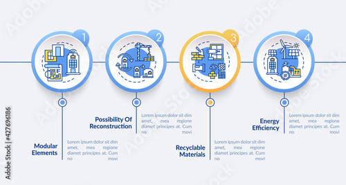 Future office building demands vector infographic template. Recycle, efficiency presentation design elements. Data visualization with 4 steps. Process timeline chart. Workflow layout with linear icons