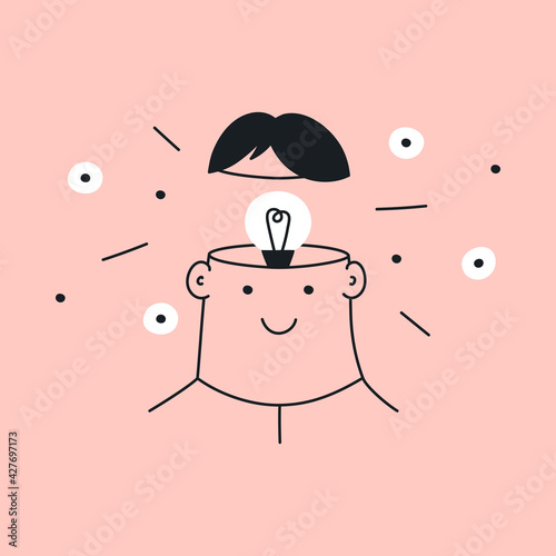 Think out of the box, creative design thinking, the lamp inside of the human head. Thin line hand-drawn vector illustration on pink background.