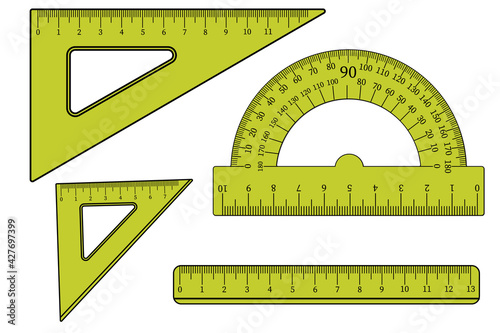 Ruler instruments on a white background. Measuring ruler. Geometry and drawing, measurement, schoolbag item, education. Vector illustration.