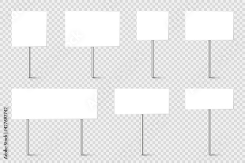 Blank board with place for text, protest signs set isolated on transparent background. Realistic demonstration or advertising banner. Strike action cardboard placard mockup. Vector illustration.
