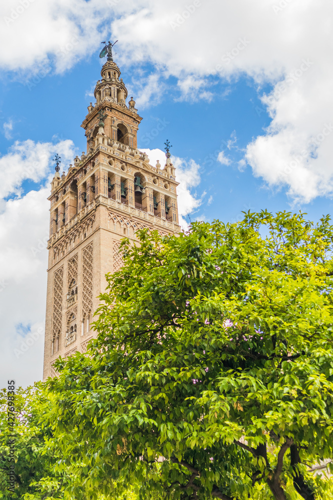 The bell tower of the cathedral of Seville in Spain. The Giralda tower.