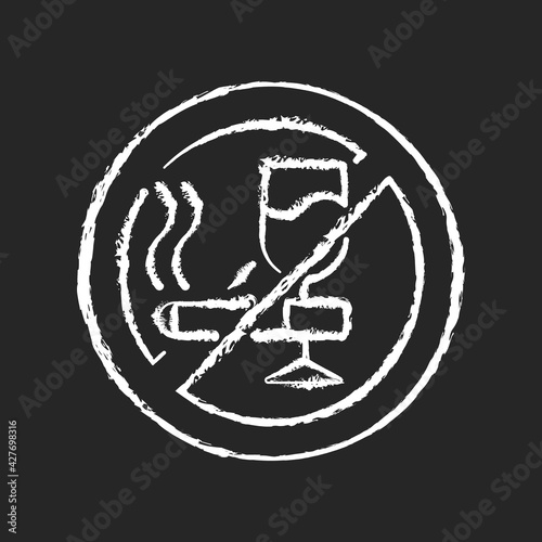 No alcohol and cigarettes chalk white icon on black background. Avoid unhealthy habits. No drinking and smoking zone. Causes of bad sleep hygiene. Isolated vector chalkboard illustration
