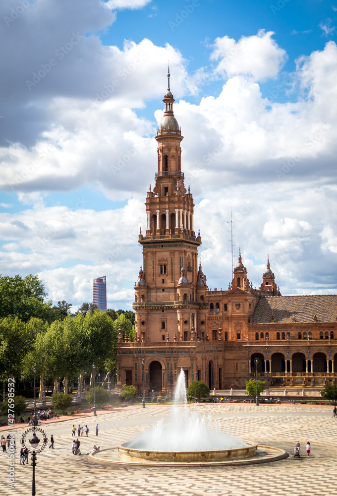 One of the towers of the Plaza de Espa?a in Seville, Spain. A spring day in Seville in vertical format.