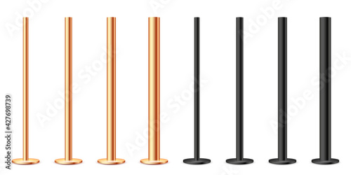 Realistic metal poles collection isolated on white background. Glossy bronze and steel pipes of various diameters. Billboard or advertising banner mount, holder. Vector illustration.