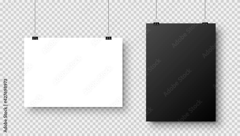 Realistic blank hanging paper sheets in A4 size with shadow on checkered background. Black and white notebook page. Design poster, template or mockup. Vector illustration. Realistic blank hanging paper sheets in A4 size with shadow on checkered background. Black and white notebook page. Design poster, template or mockup. Vector illustration.