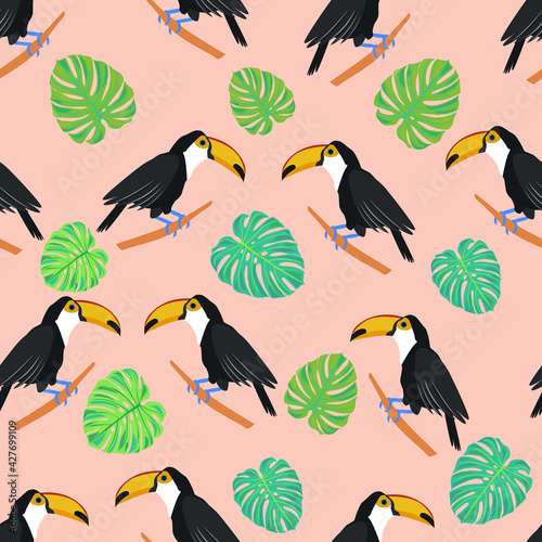 toucan. tropical bird. monstera leaves. seamless pattern with toucans and exotic leaves. stock vector illustration isolated on white background.