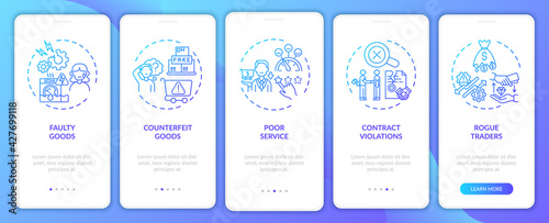 Customer rights violation onboarding mobile app page screen with concepts. Fake products, contract walkthrough 5 steps graphic instructions. UI, UX, GUI vector template with linear color illustrations