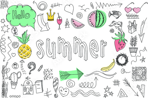 Summer doodles set. Arrows, hearts, fruits and more.