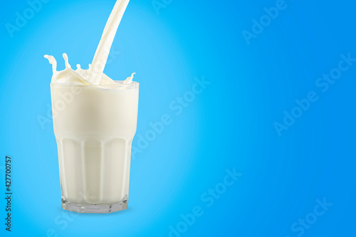 Glass of milk on the blue background.