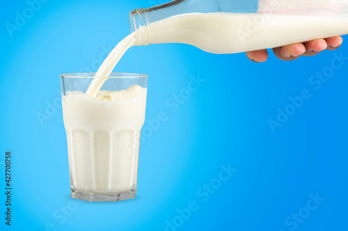 Glass of milk on the blue background.