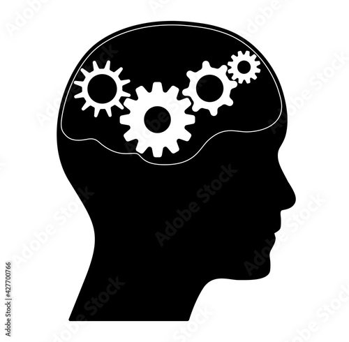 Human head with brain and gears in move. Creative business concept vector graphic to use in innovation, creativity, psychology and strategy projects and presentations.