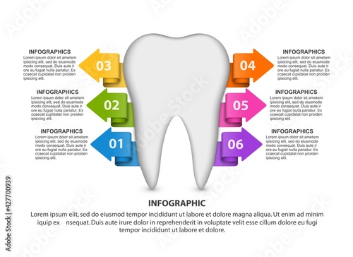 Infographic for dentistry or medicine. White tooth with 4 options for presentations or information booklet. Vector illustration.