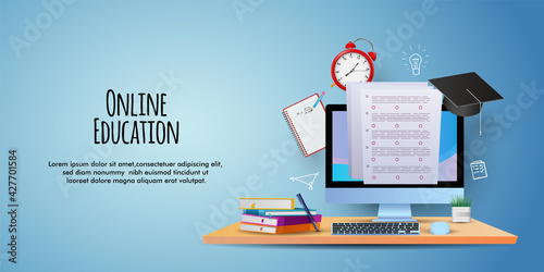 time for online education with bags, computer, books and pencils illustration in vector design. ready for success.