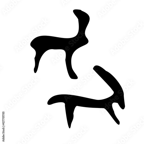 Hare and rabbit. Drawings of primitive people on stone. Illustration in ethnic style.