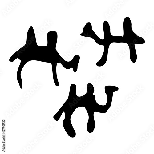 Camels. Drawings of primitive people on stone. Illustration in ethnic style.
