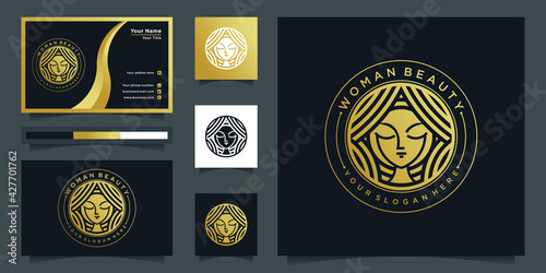 Woman logo with golden beauty emblem line art style and business card design template Premium Vector