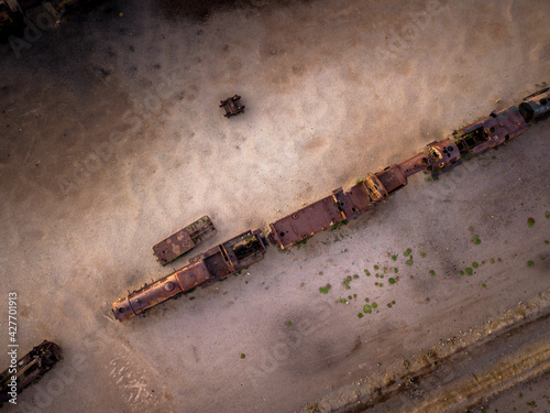 Aerial view of the train cemetery in Uyuni