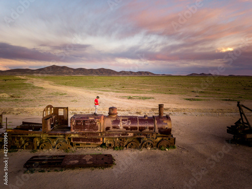 Aerial view of the train cemetery in Uyuni
