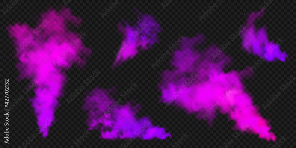 Realistic purple colorful smoke clouds, mist effect. Colored fog on dark background. Vapor in air, steam flow. Vector illustration.