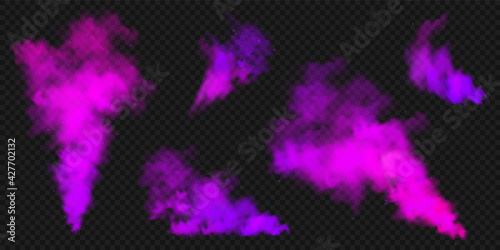 Realistic purple colorful smoke clouds, mist effect. Colored fog on dark background. Vapor in air, steam flow. Vector illustration.