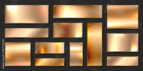 Realistic shiny metal banners set. Brushed steel plate with screws. Polished copper metal surface. Vector illustration.