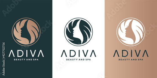Woman logo template with circle line art concept for beauty salon Premium Vektor