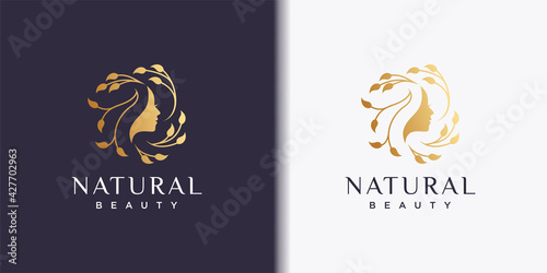 Woman logo with modern beauty style and business card design, natural beauty Premium Vector