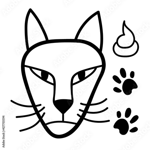 Brazen cat. Hand drawn vector illustration of cat face with paw. Cat Isolated objects on white background. Design concept for t-shirt. Outline style character design. One from Kitten pet collection